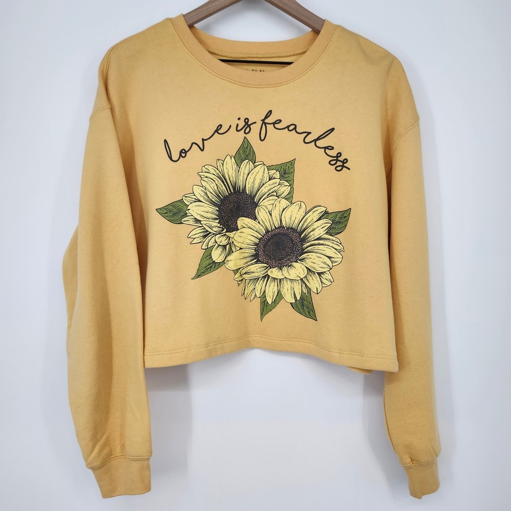 AWAKE Womens Sunflower Cropped Sweatshirt Large Mustard Yellow Indie‎ Oversized
